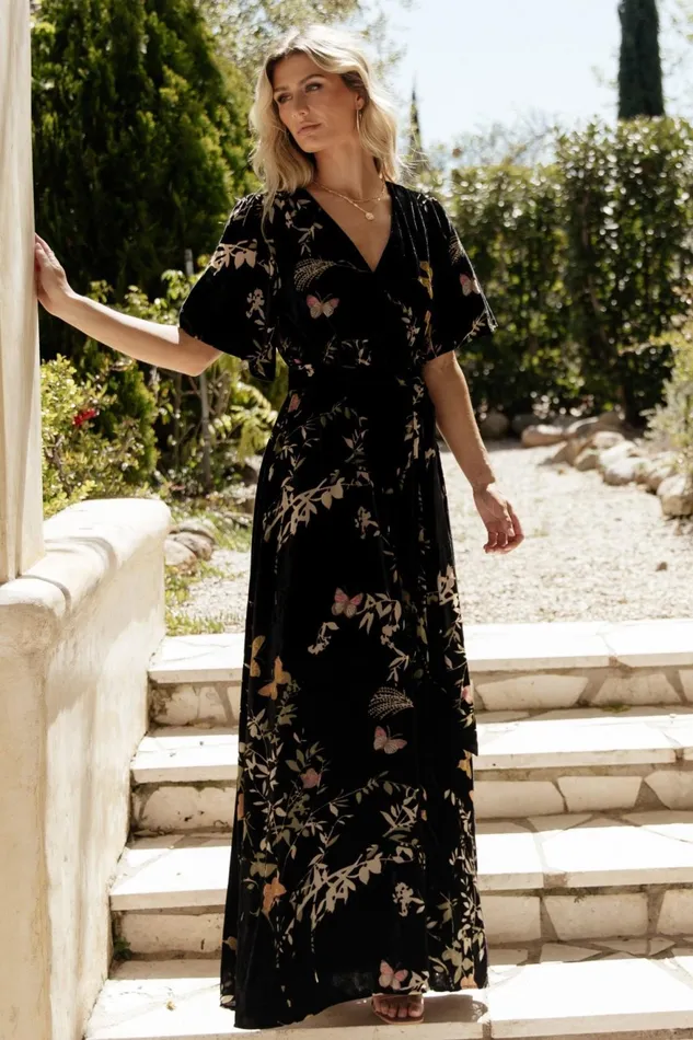 Women Wedding Guest Baltic Born Uma Velvet Maxi Dress Black Butterfly Print Women Wedding Guest Baltic Born Uma Velvet Maxi Dress Black Butterfly Print