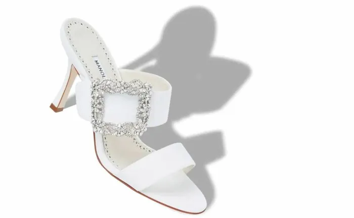 Women White Crepe De Chine Jewel Buckle Mules Manolo Blahnik Sandals