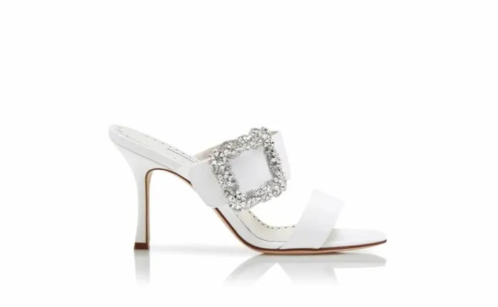 Women White Crepe De Chine Jewel Buckle Mules Manolo Blahnik Sandals