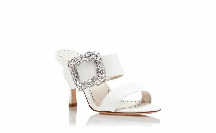 Women White Crepe De Chine Jewel Buckle Mules Manolo Blahnik Sandals