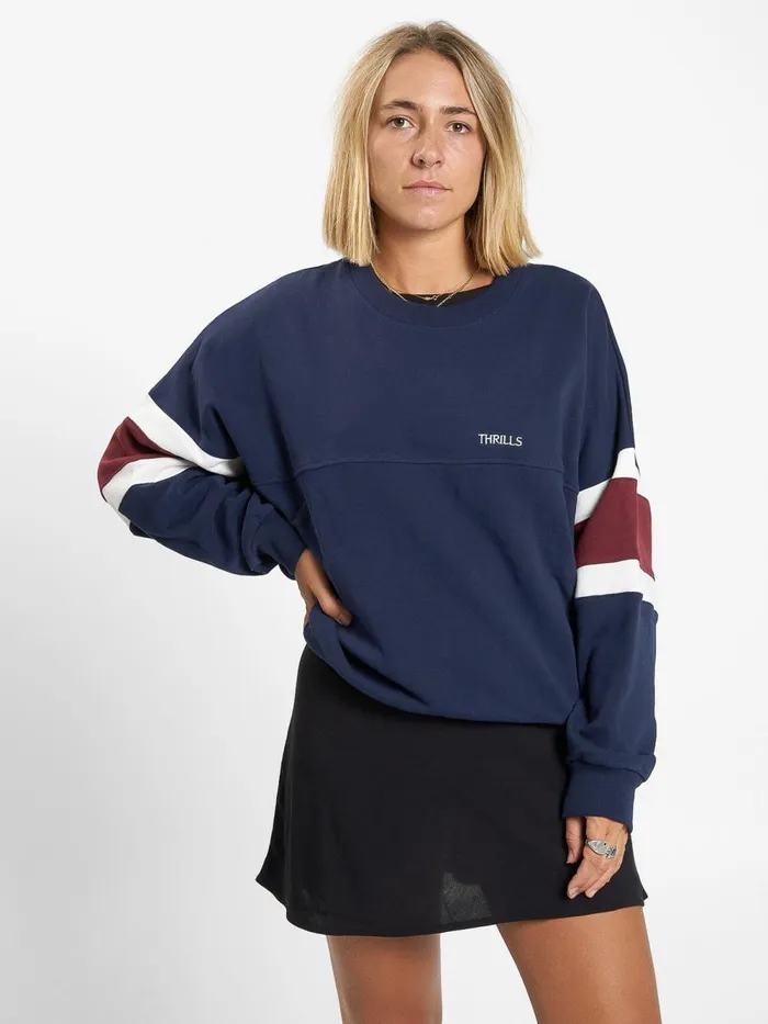 Womens Emblem Panel Super Slouch Crew Navy Thrills Sweaters and Fleece