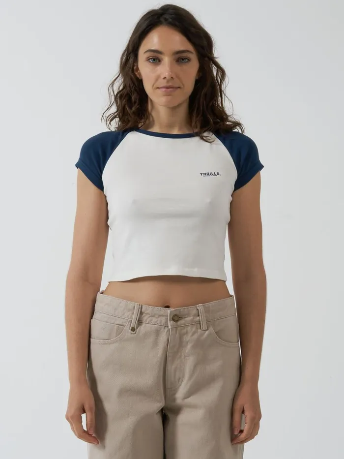 Womens Oblique Raglan Tee Sea Blue Thrills Tops and Tees