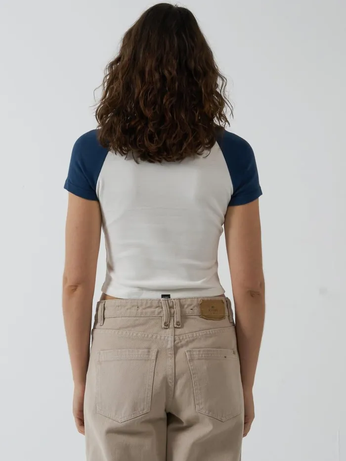 Womens Oblique Raglan Tee Sea Blue Thrills Tops and Tees