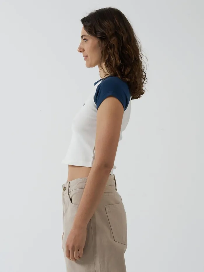 Womens Oblique Raglan Tee Sea Blue Thrills Tops and Tees
