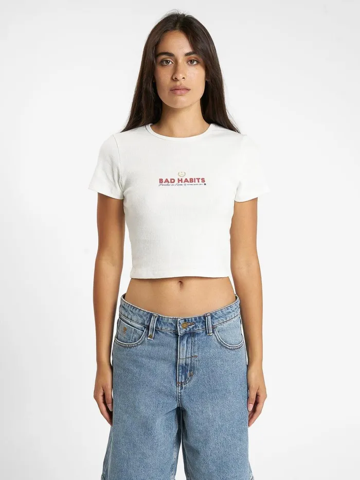 Womens Royal Habits Baby Tee Dirty White Thrills Tops and Tees