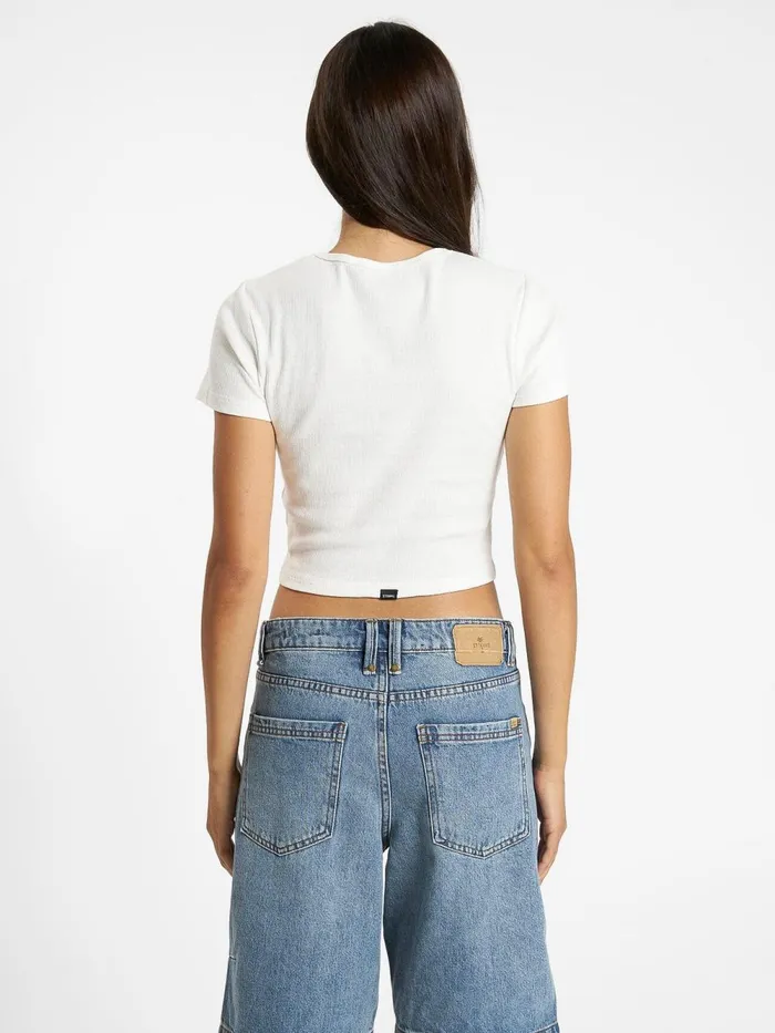 Womens Royal Habits Baby Tee Dirty White Thrills Tops and Tees