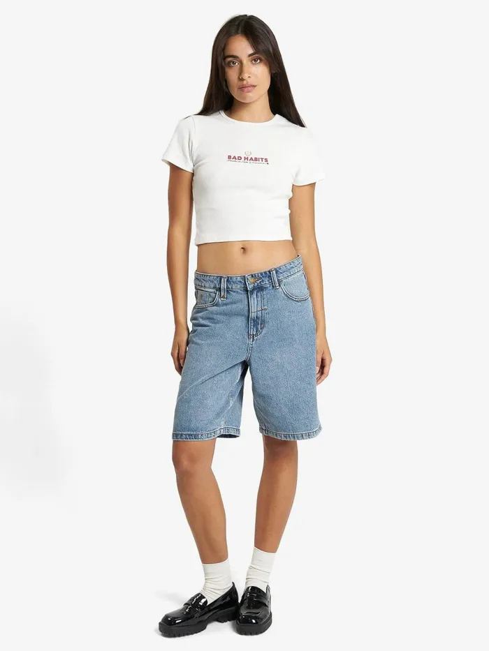 Womens Royal Habits Baby Tee Dirty White Thrills Tops and Tees