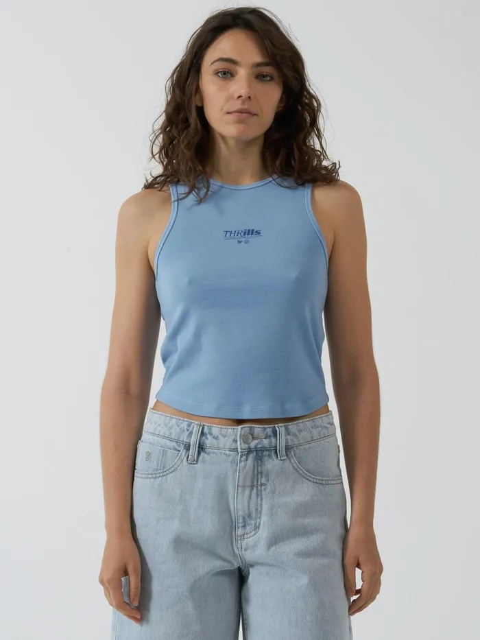 Womens Split Decision Curve Tank Sea Blue Thrills Tops and Tees