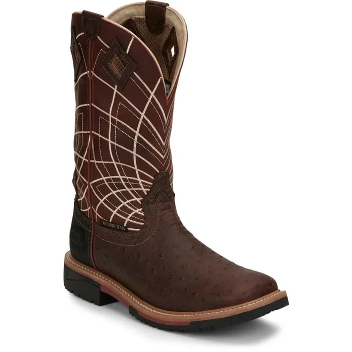 Work Men Justin Boots Derrickman 12034 Waterproof Work Boot Brown Ostrich Print 040brown041