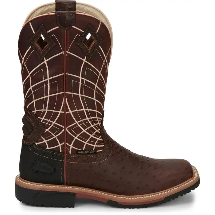 Work Men Justin Boots Derrickman 12034 Waterproof Work Boot Brown Ostrich Print 040brown041