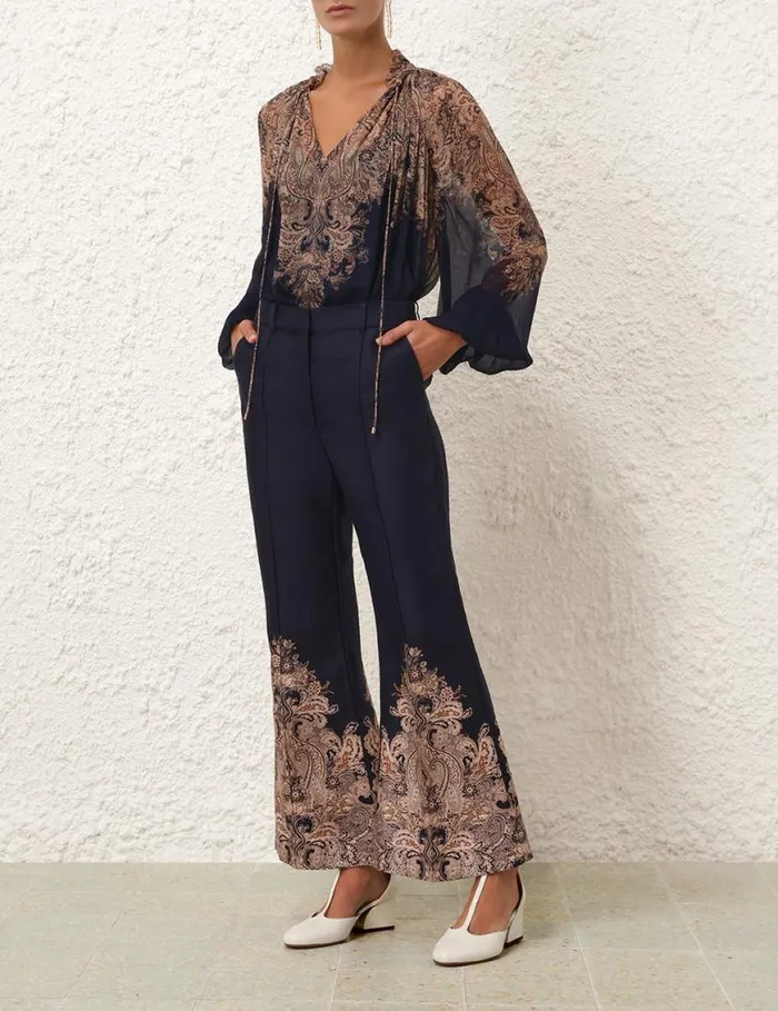 Zimmermann Clothing Natura Flare Pant Navy Paisley 8211 Women