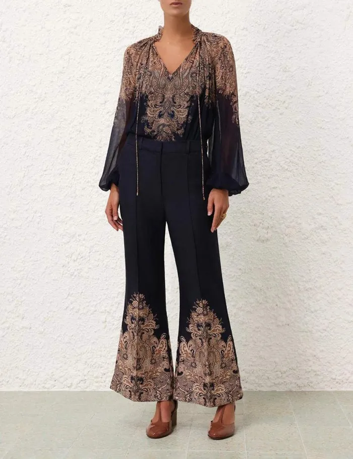 Zimmermann Clothing Natura Flare Pant Navy Paisley 8211 Women