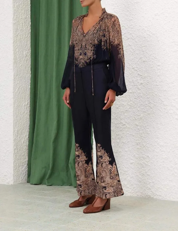Zimmermann Clothing Natura Flare Pant Navy Paisley 8211 Women