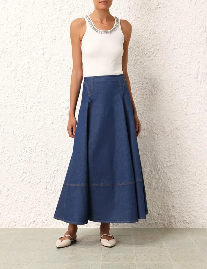 Zimmermann Denim Matchmaker Denim Flare Skirt Railway Blue 8211 Women
