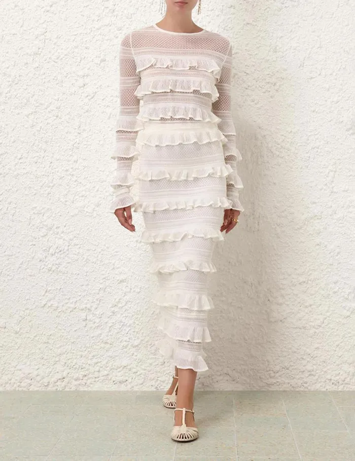 Zimmermann Skirts Natura Frill Midi Skirt Parchment 8211 Women