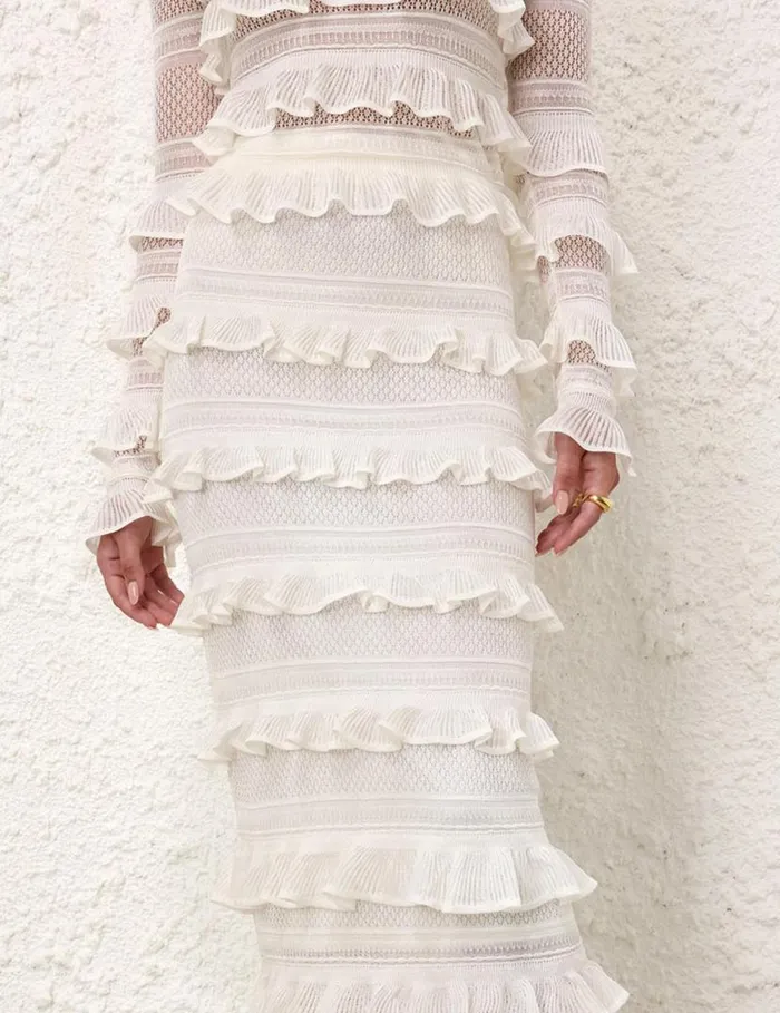 Zimmermann Skirts Natura Frill Midi Skirt Parchment 8211 Women