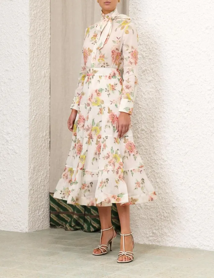 Zimmermann Skirts Pleated Midi Skirt Coral Floral 8211 Women