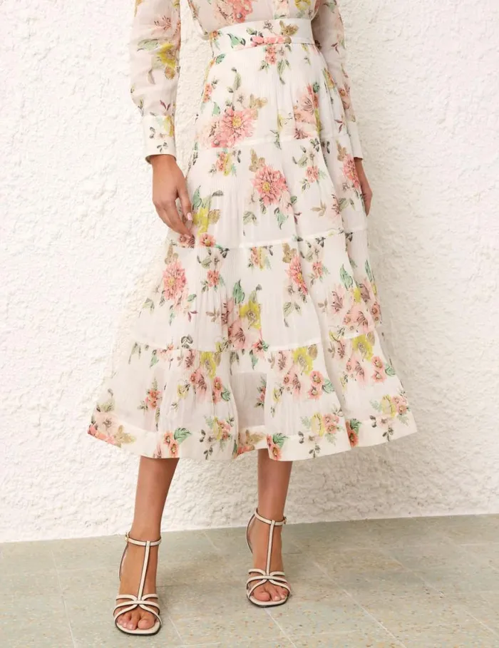 Zimmermann Skirts Pleated Midi Skirt Coral Floral 8211 Women