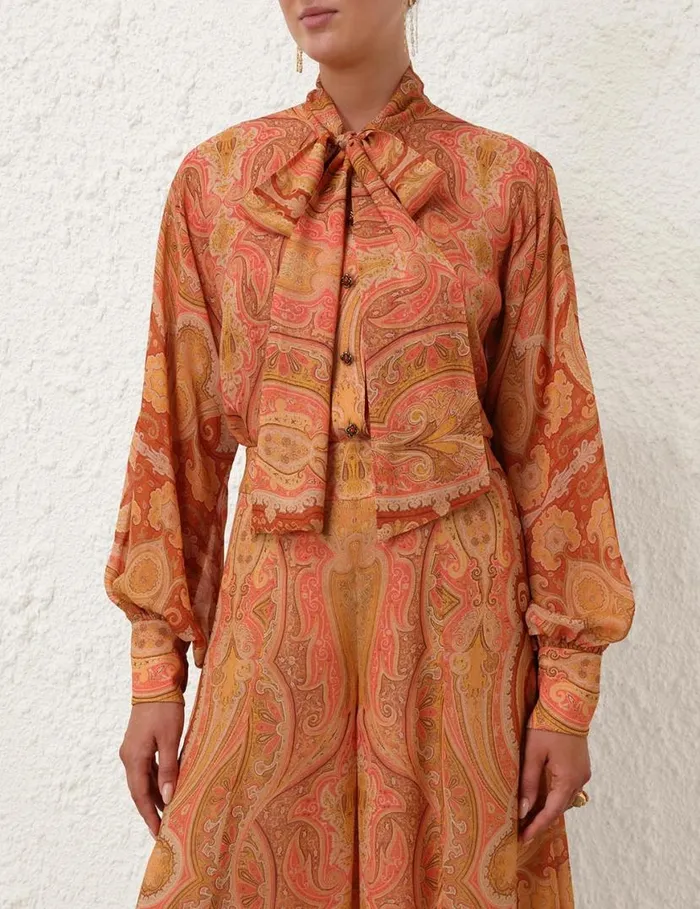 Zimmermann Tops Tranquillity Neck Tie Blouse Red Paisley 8211 Women