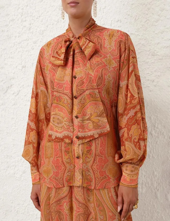 Zimmermann Tops Tranquillity Neck Tie Blouse Red Paisley 8211 Women