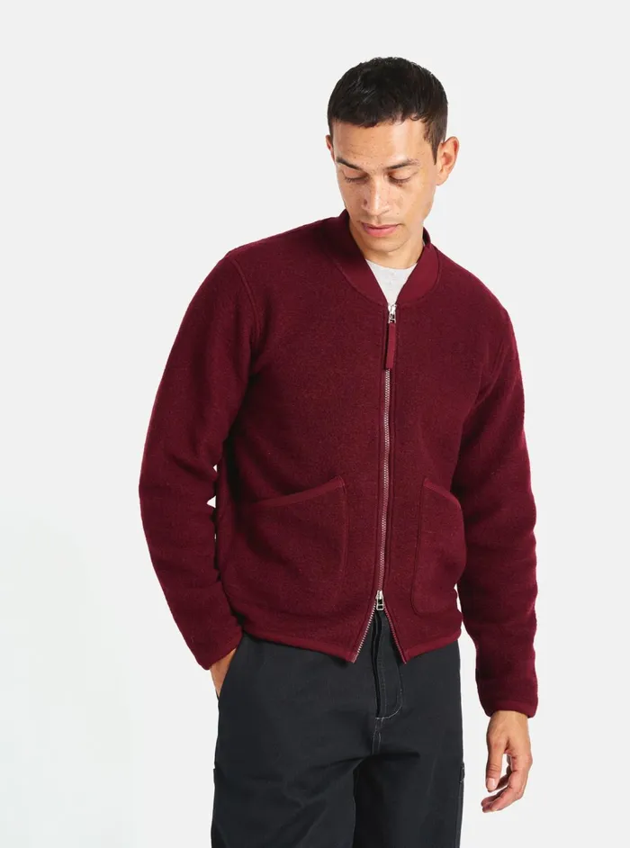 Zip Bomber In Deep Red Wool Fleece Men Universal Works Fleece