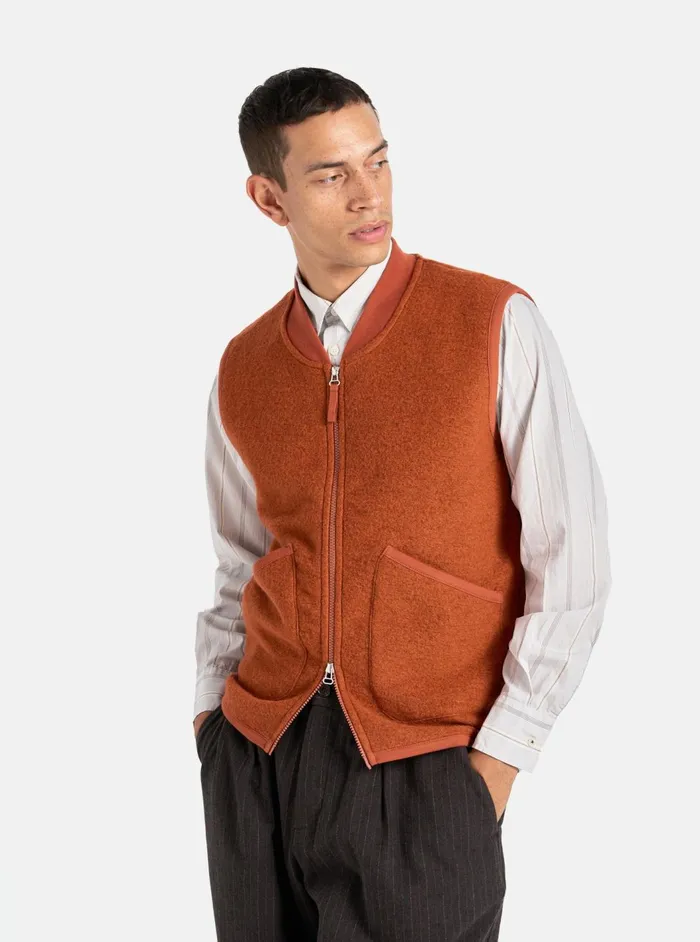 Zip Waistcoat In Orange Wool Fleece Men Universal Works Fleece