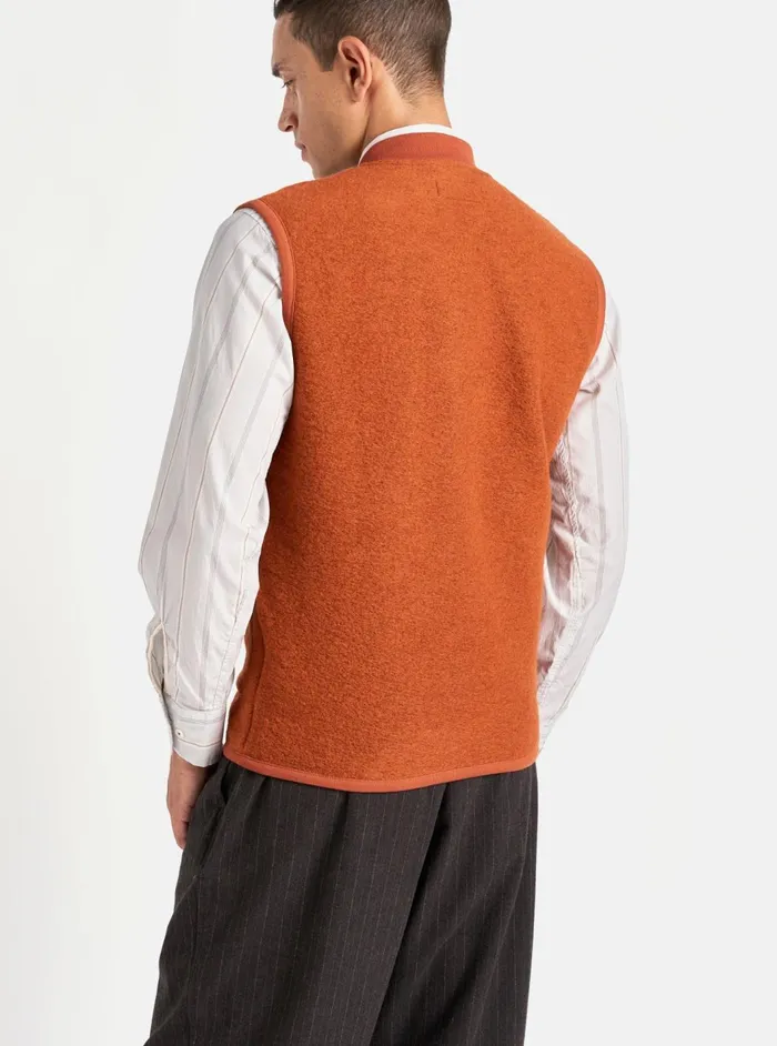 Zip Waistcoat In Orange Wool Fleece Men Universal Works Fleece