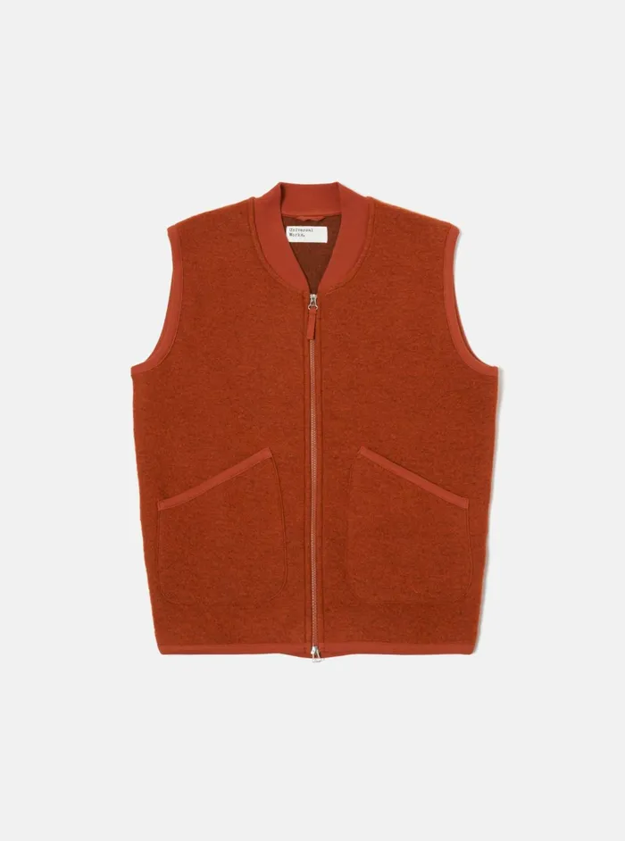 Zip Waistcoat In Orange Wool Fleece Men Universal Works Fleece