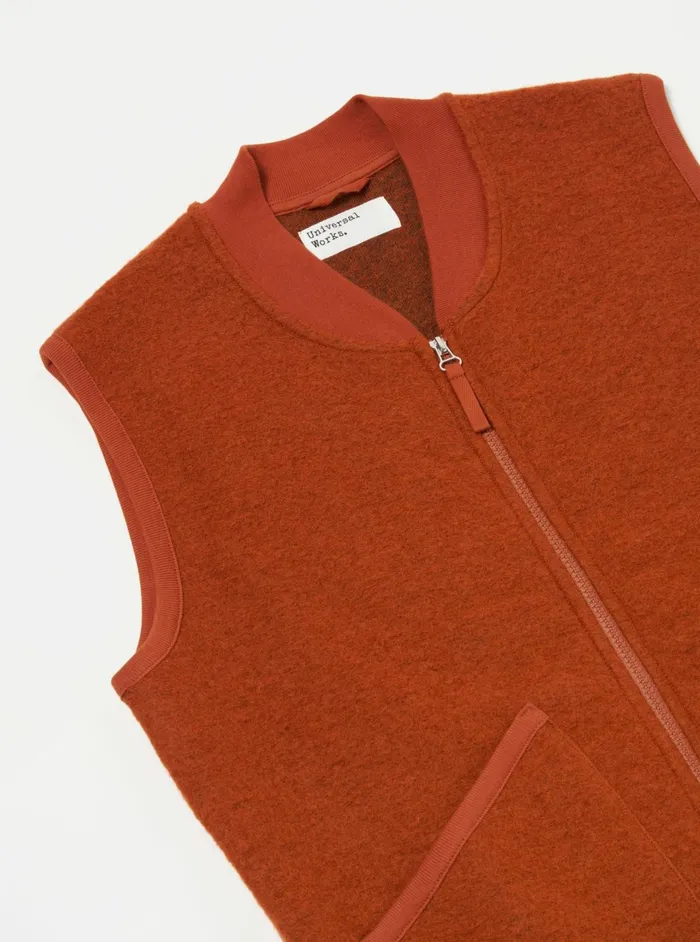Zip Waistcoat In Orange Wool Fleece Men Universal Works Fleece